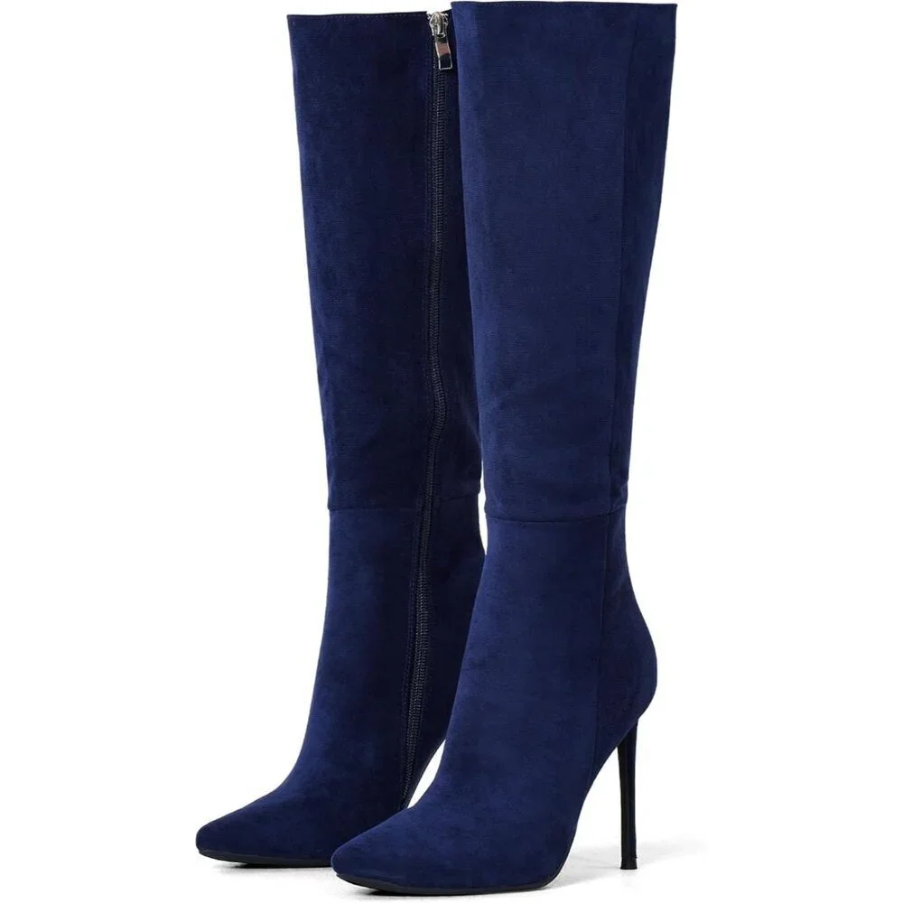 Women's Navy Blue Leather Suede Knee High Stiletto Tall Pointed Toe Stylish Boot
